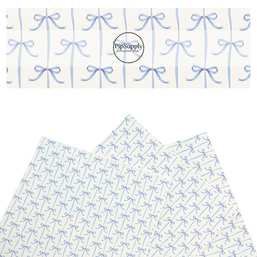 These spring themed faux leather sheets contain the following design elements: blue bows on white. Our CPSIA compliant faux leather sheets or rolls can be used for all types of crafting projects.