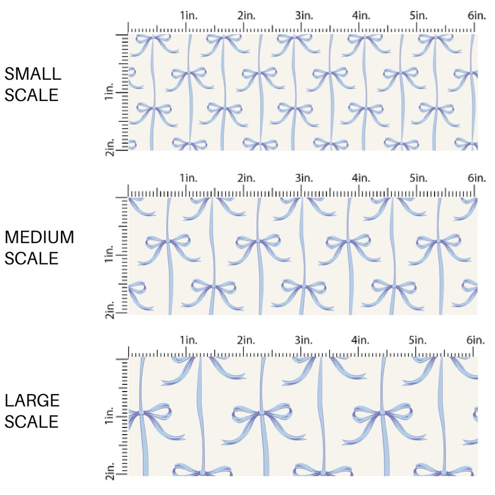 This spring fabric by the yard features blue bows on white. This fun pattern fabric can be used for all your sewing and crafting needs!