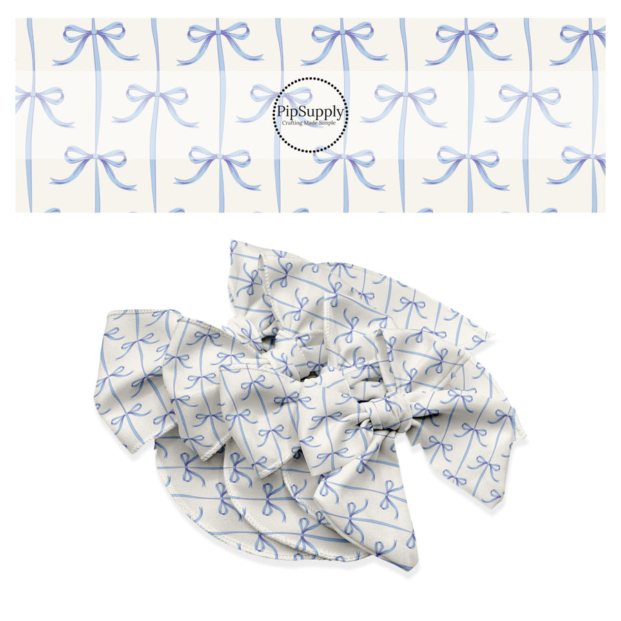 These spring themed no sew bow strips can be easily tied and attached to a clip for a finished hair bow. These festive bow strips are great for personal use or to sell. These bow strips feature the following design elements: blue bows on white.