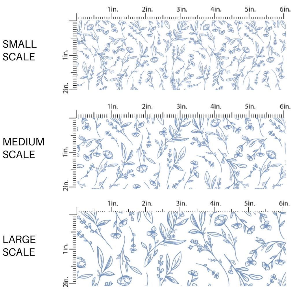 These floral fabric by the yard features dainty blue flowers and sprigs. This fun pattern fabric can be used for all your sewing and crafting needs!