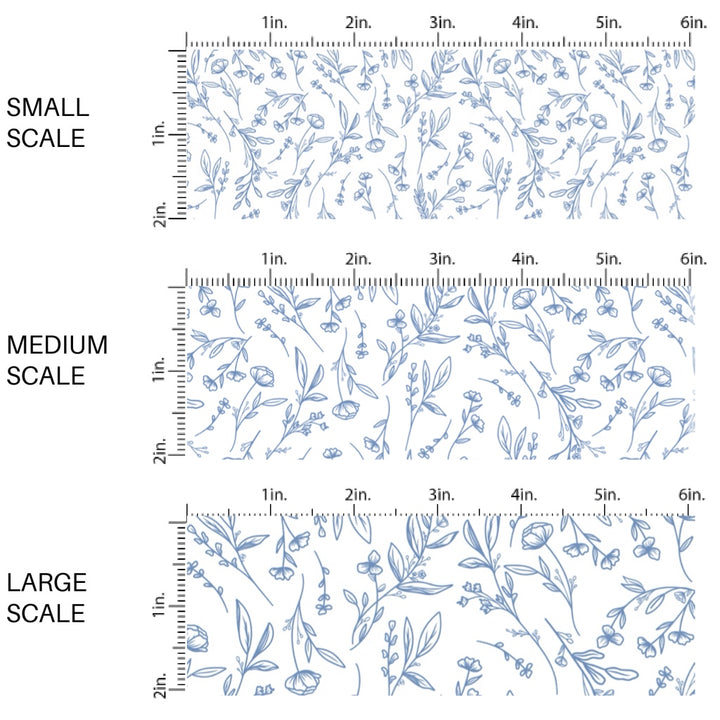 These floral fabric by the yard features dainty blue flowers and sprigs. This fun pattern fabric can be used for all your sewing and crafting needs!