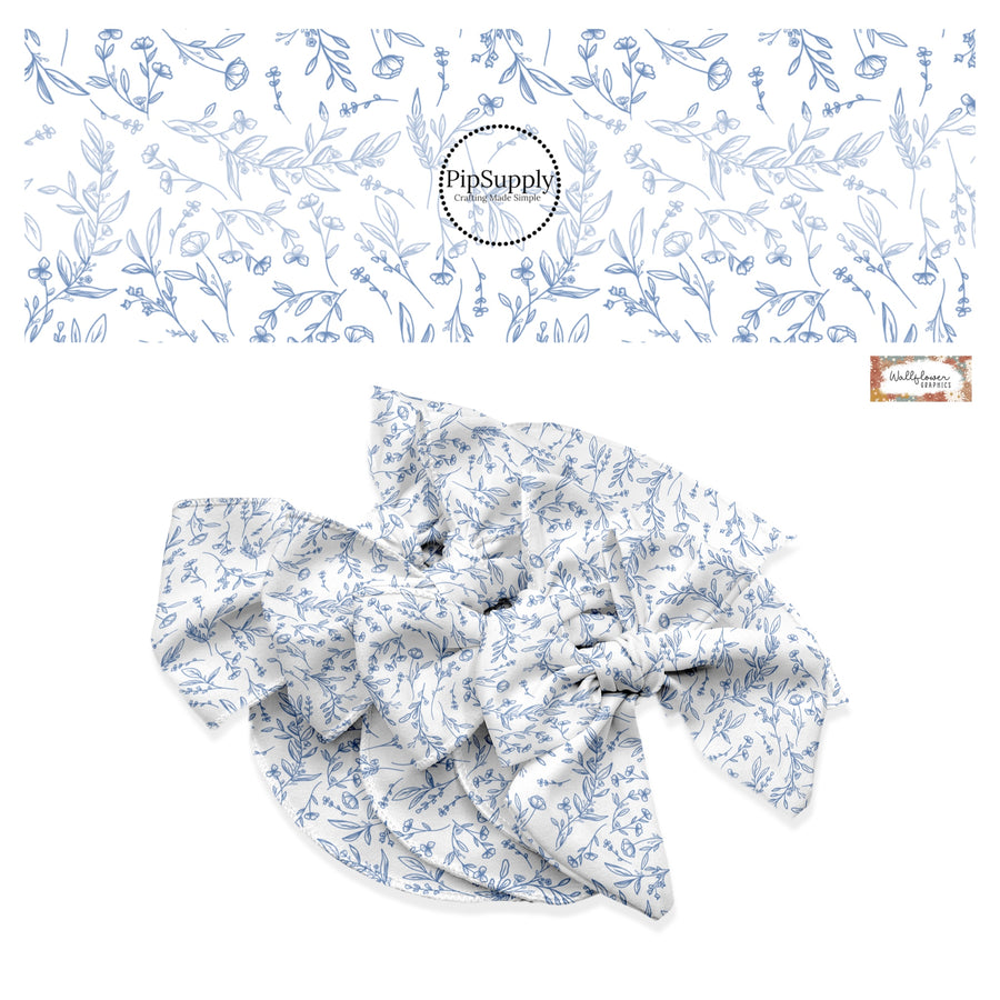 These floral themed no sew bow strips can be easily tied and attached to a clip for a finished hair bow. These festive bow strips are great for personal use or to sell. These bow strips feature the following design elements: dainty blue flowers and sprigs.