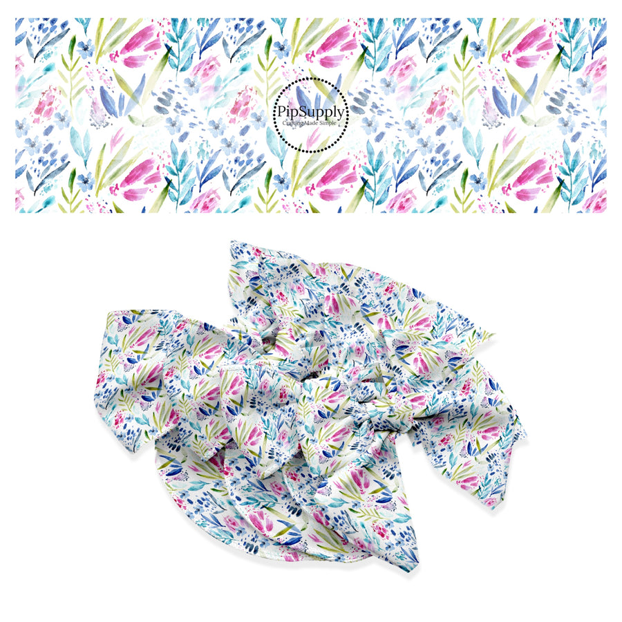 These floral themed no sew bow strips can be easily tied and attached to a clip for a finished hair bow. These festive bow strips are great for personal use or to sell. These bow strips feature the following design elements: colorful watercolor flowers and sprigs.