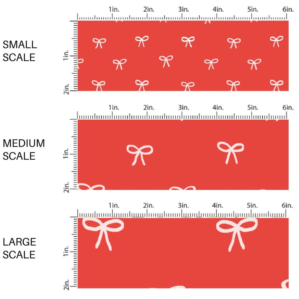 These winter bow themed pattern fabric by the yard features the following design elements: dainty bows on red. This fun themed fabric can be used for all your sewing and crafting needs!