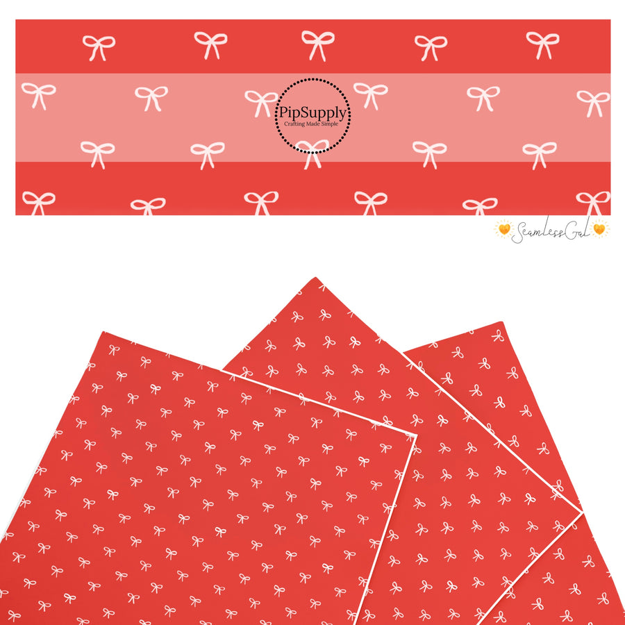 These winter bow themed pattern faux leather sheets contain the following design elements: dainty bows on red. Our CPSIA compliant faux leather sheets or rolls can be used for all types of crafting projects.