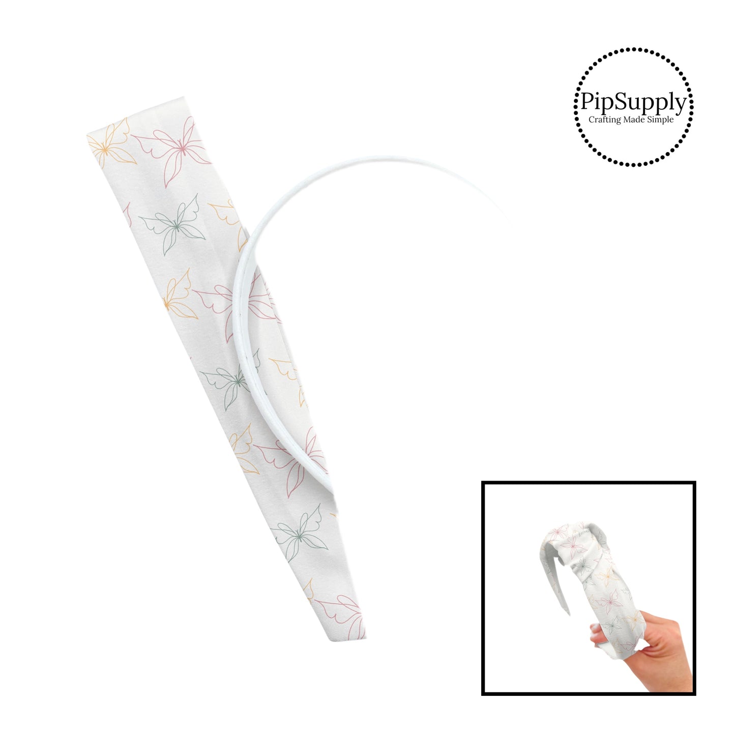 These spring patterned headband kits are easy to assemble and come with everything you need to make your own knotted headband. These kits include a custom printed and sewn fabric strip and a coordinating velvet headband. This cute pattern features colorful outlines of butterflies on cream.
