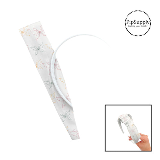 These spring patterned headband kits are easy to assemble and come with everything you need to make your own knotted headband. These kits include a custom printed and sewn fabric strip and a coordinating velvet headband. This cute pattern features colorful outlines of butterflies on cream.