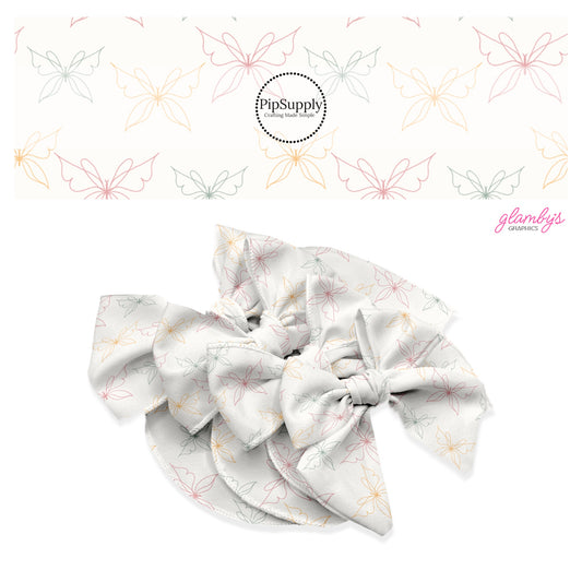These spring pattern themed no sew bow strips can be easily tied and attached to a clip for a finished hair bow. These patterned bow strips are great for personal use or to sell. These bow strips features colorful outlines of butterflies on cream. 