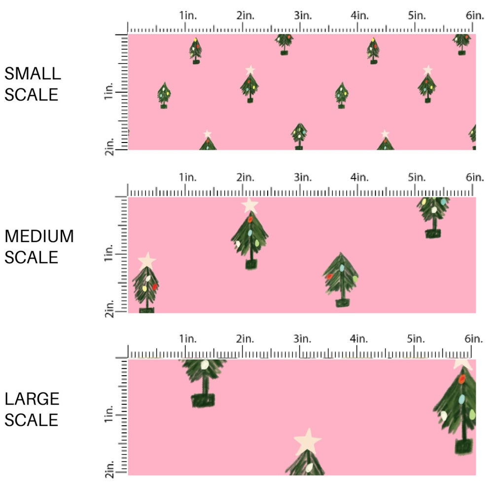 These Christmas themed pattern fabric by the yard features the following design elements: tiny Christmas trees on pink. This fun themed fabric can be used for all your sewing and crafting needs!