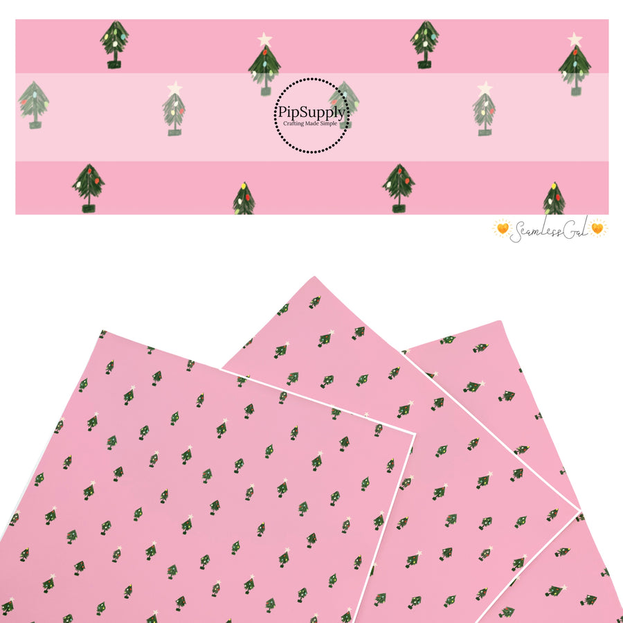 These Christmas themed pattern faux leather sheets contain the following design elements: tiny Christmas trees on pink. Our CPSIA compliant faux leather sheets or rolls can be used for all types of crafting projects.