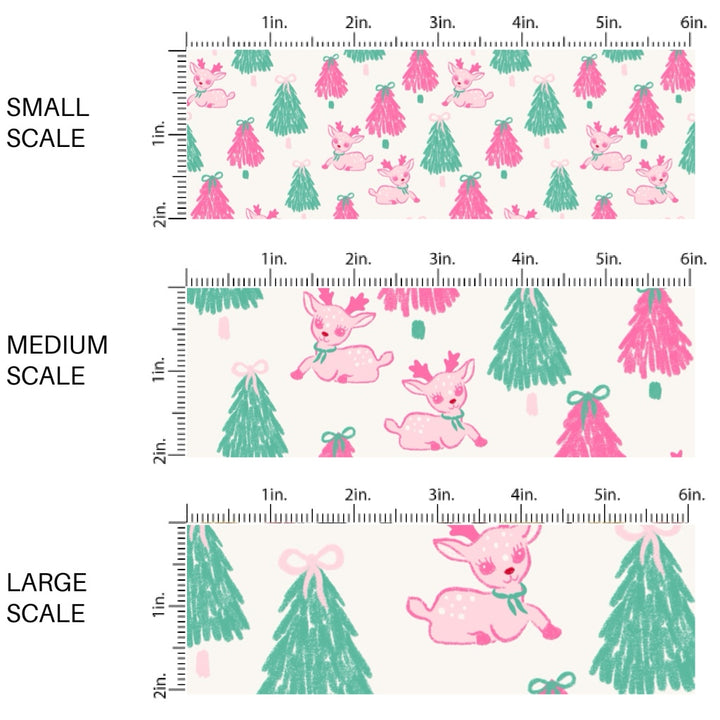 These Christmas themed pattern fabric by the yard features the following design elements: pink and green Christmas trees and deer. This fun themed fabric can be used for all your sewing and crafting needs!