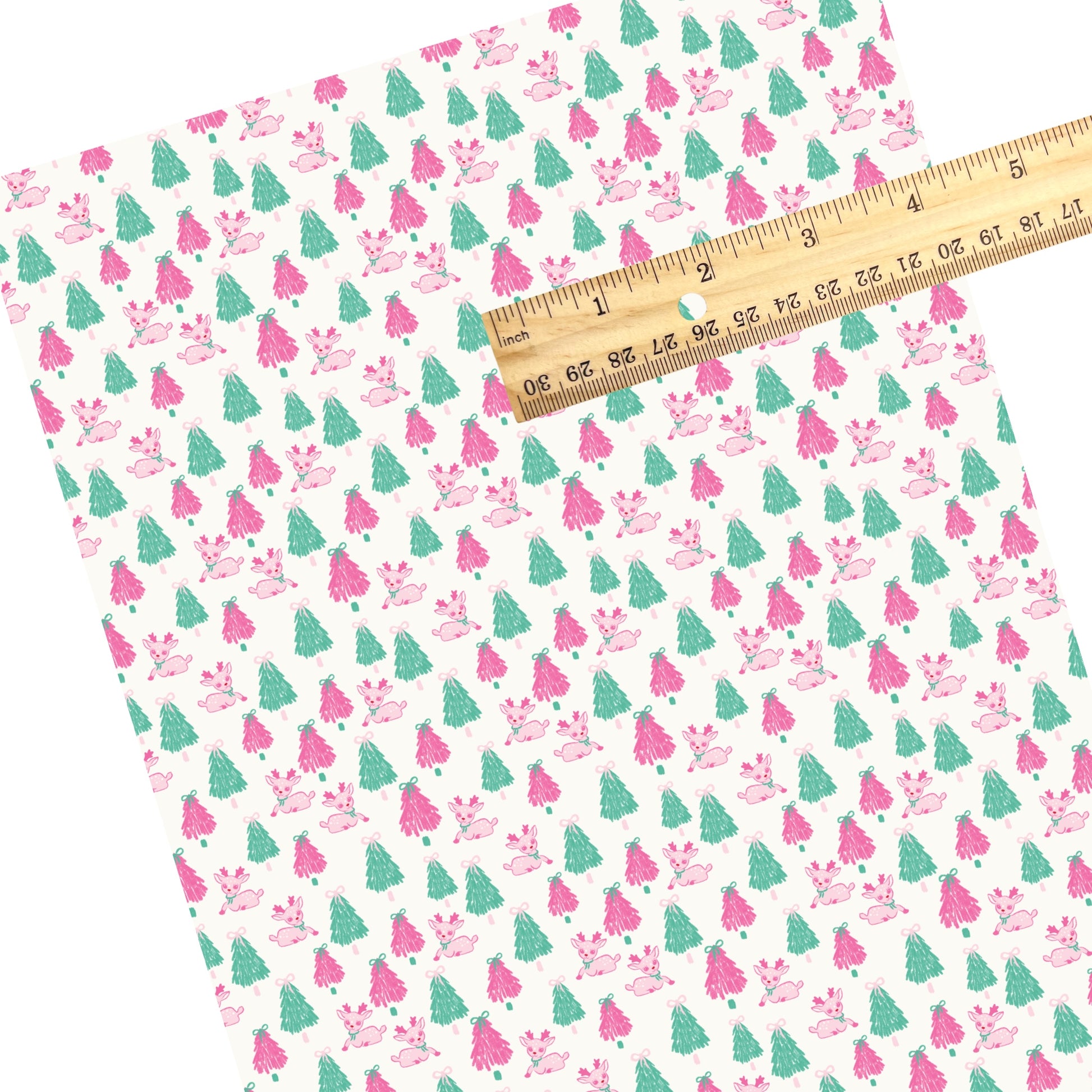 These Christmas themed pattern faux leather sheets contain the following design elements: pink and green Christmas trees and deer. Our CPSIA compliant faux leather sheets or rolls can be used for all types of crafting projects.