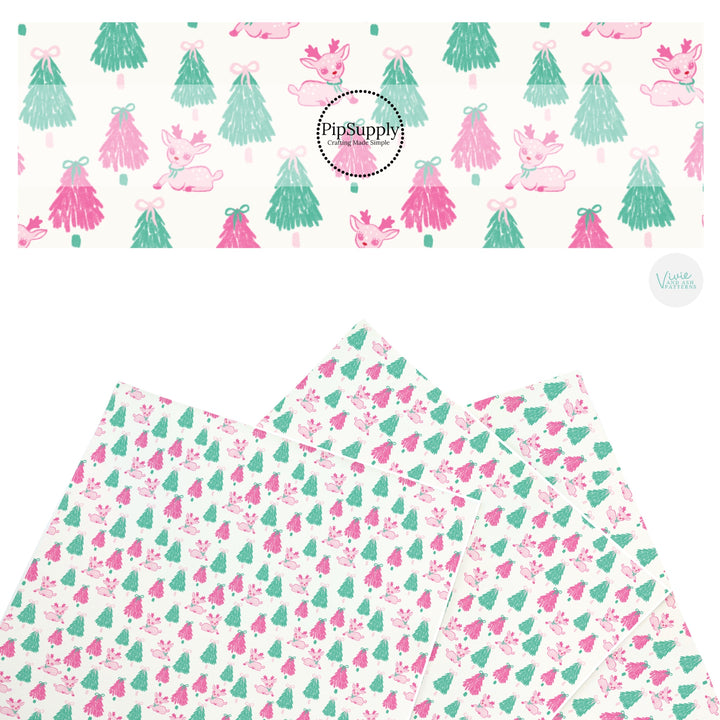 These Christmas themed pattern faux leather sheets contain the following design elements: pink and green Christmas trees and deer. Our CPSIA compliant faux leather sheets or rolls can be used for all types of crafting projects.