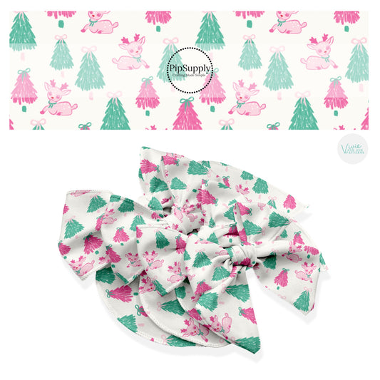 These Christmas themed no sew bow strips can be easily tied and attached to a clip for a finished hair bow. These fun patterned bow strips are great for personal use or to sell. These bow strips feature the following design elements: pink and green Christmas trees and deer.