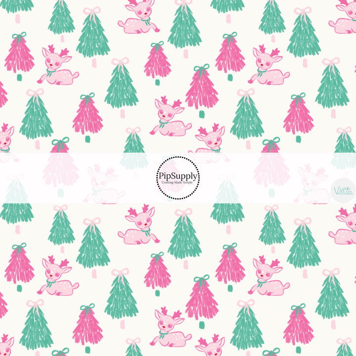 These Christmas themed no sew bow strips can be easily tied and attached to a clip for a finished hair bow. These fun patterned bow strips are great for personal use or to sell. These bow strips feature the following design elements: pink and green Christmas trees and deer.