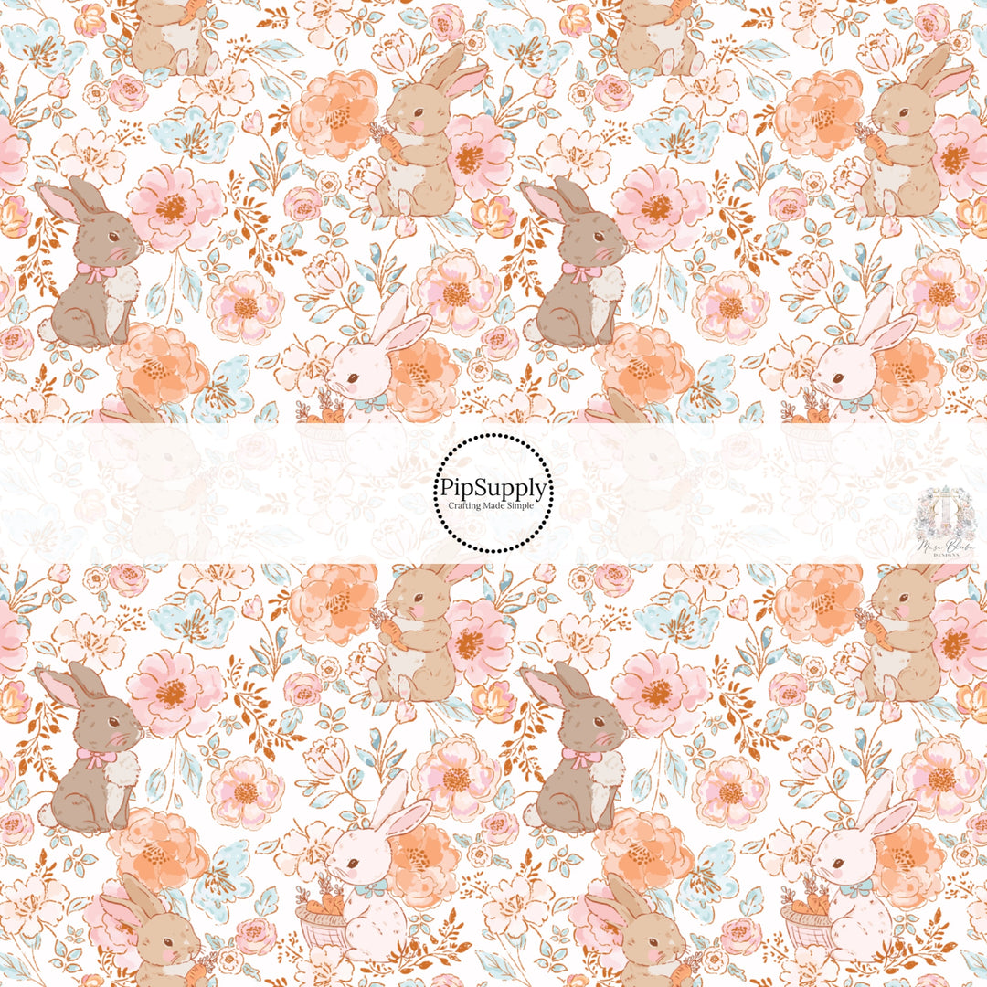 These spring fabric by the yard features bunnies surrounded by dainty floral patterns. This fun pattern fabric can be used for all your sewing and crafting needs!