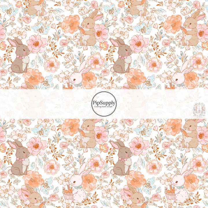 These spring fabric by the yard features bunnies surrounded by dainty floral patterns. This fun pattern fabric can be used for all your sewing and crafting needs!