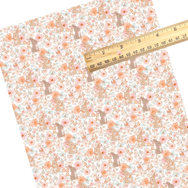 These spring themed faux leather sheets contain the following design elements: bunnies surrounded by dainty floral patterns. Our CPSIA compliant faux leather sheets or rolls can be used for all types of crafting projects.