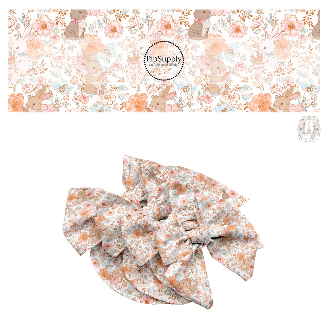 These spring themed no sew bow strips can be easily tied and attached to a clip for a finished hair bow. These bow strips are great for personal use or to sell. These bow strips feature the following design elements: bunnies surrounded by dainty floral patterns.