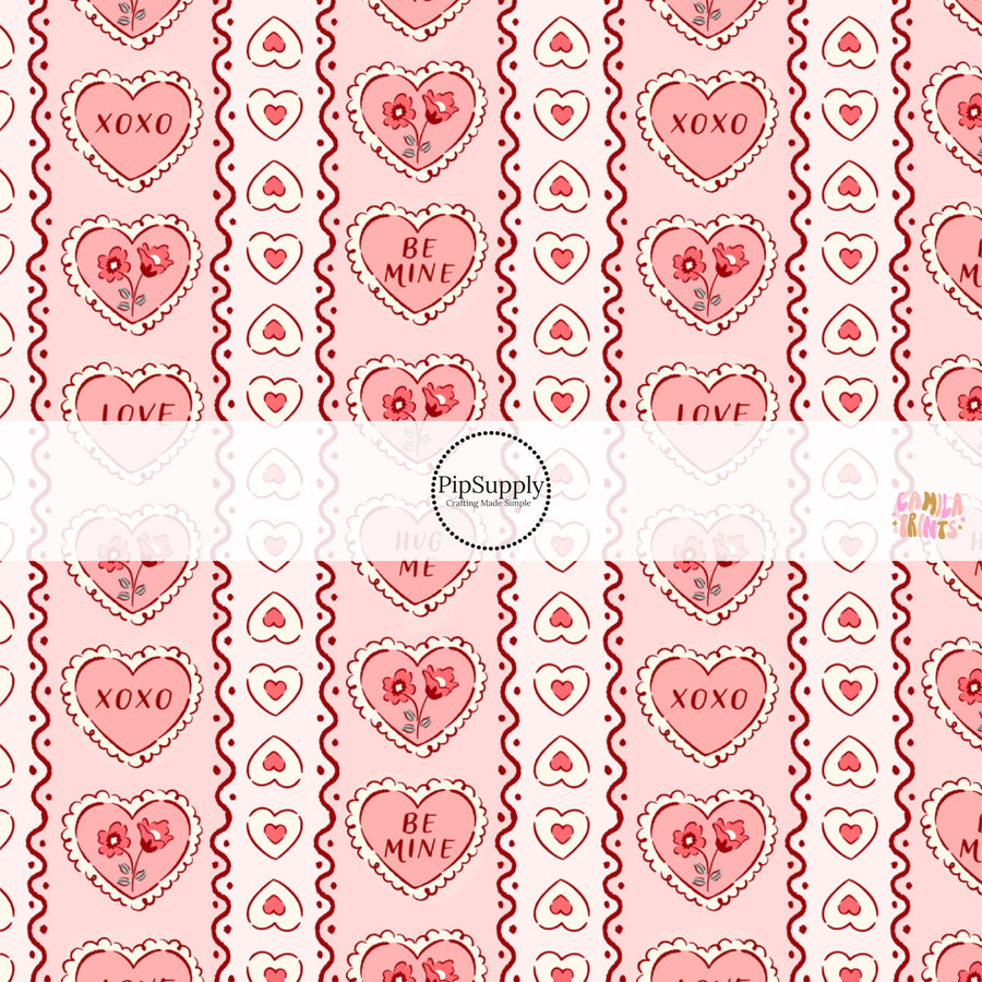 This holiday fabric by the yard features dainty heart stripes on pink. This festive pattern fabric can be used for all your sewing and crafting needs!