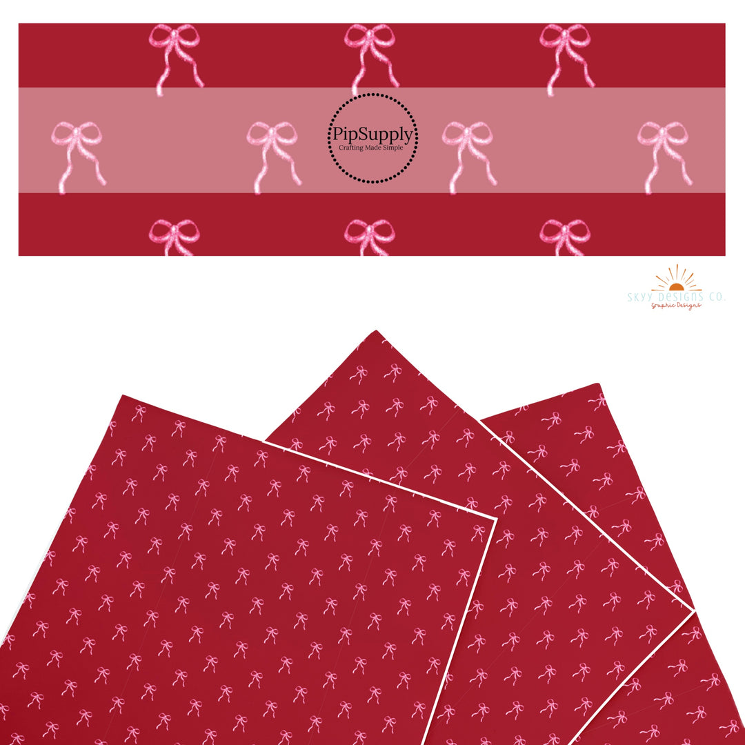 These holiday faux leather sheets contain the following design elements: pink bows on cranberry red. Our CPSIA compliant faux leather sheets or rolls can be used for all types of crafting projects.