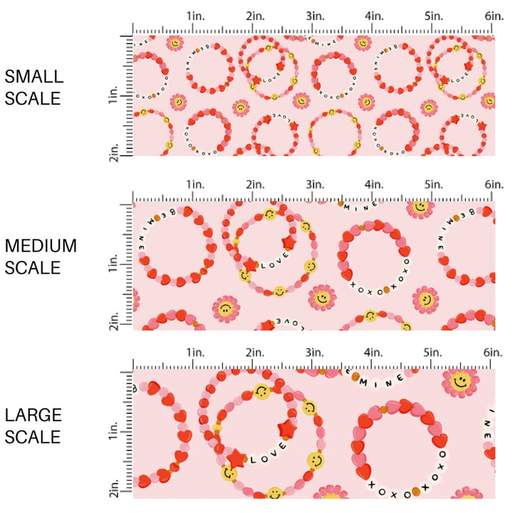 This holiday fabric by the yard features heart bracelets on pink. This festive pattern fabric can be used for all your sewing and crafting needs!
