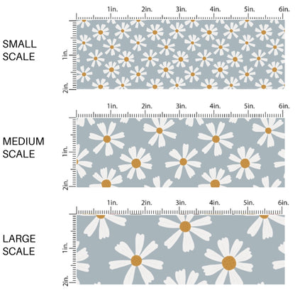 This scale chart of small scale, medium scale, and large scale of this summer fabric by the yard features white daisies on blue. This fun summer themed fabric can be used for all your sewing and crafting needs!