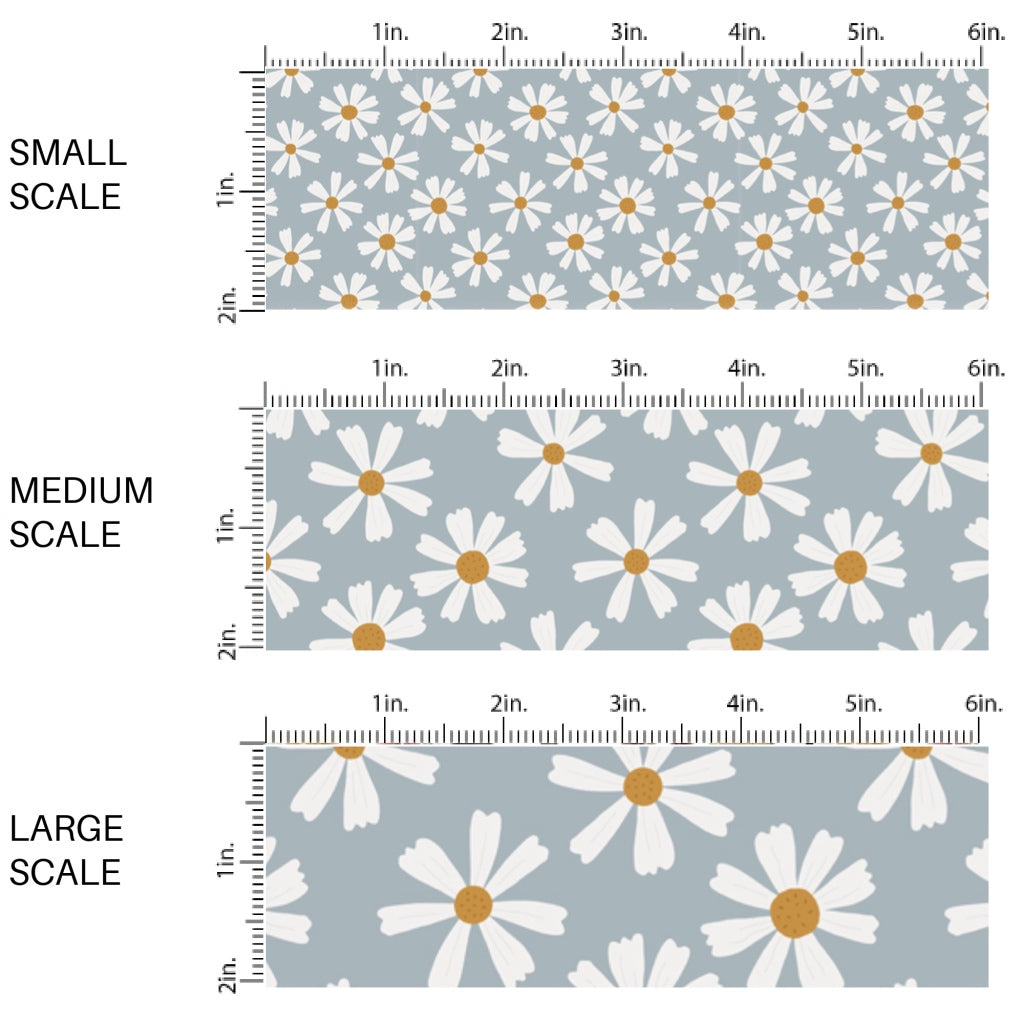 This scale chart of small scale, medium scale, and large scale of this summer fabric by the yard features white daisies on blue. This fun summer themed fabric can be used for all your sewing and crafting needs!