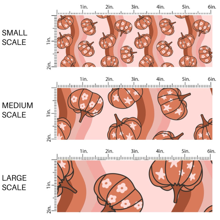 These autumn themed pattern fabric by the yard features the following design elements: burnt orange pumpkins on wavy pattern. This fun themed fabric can be used for all your sewing and crafting needs!