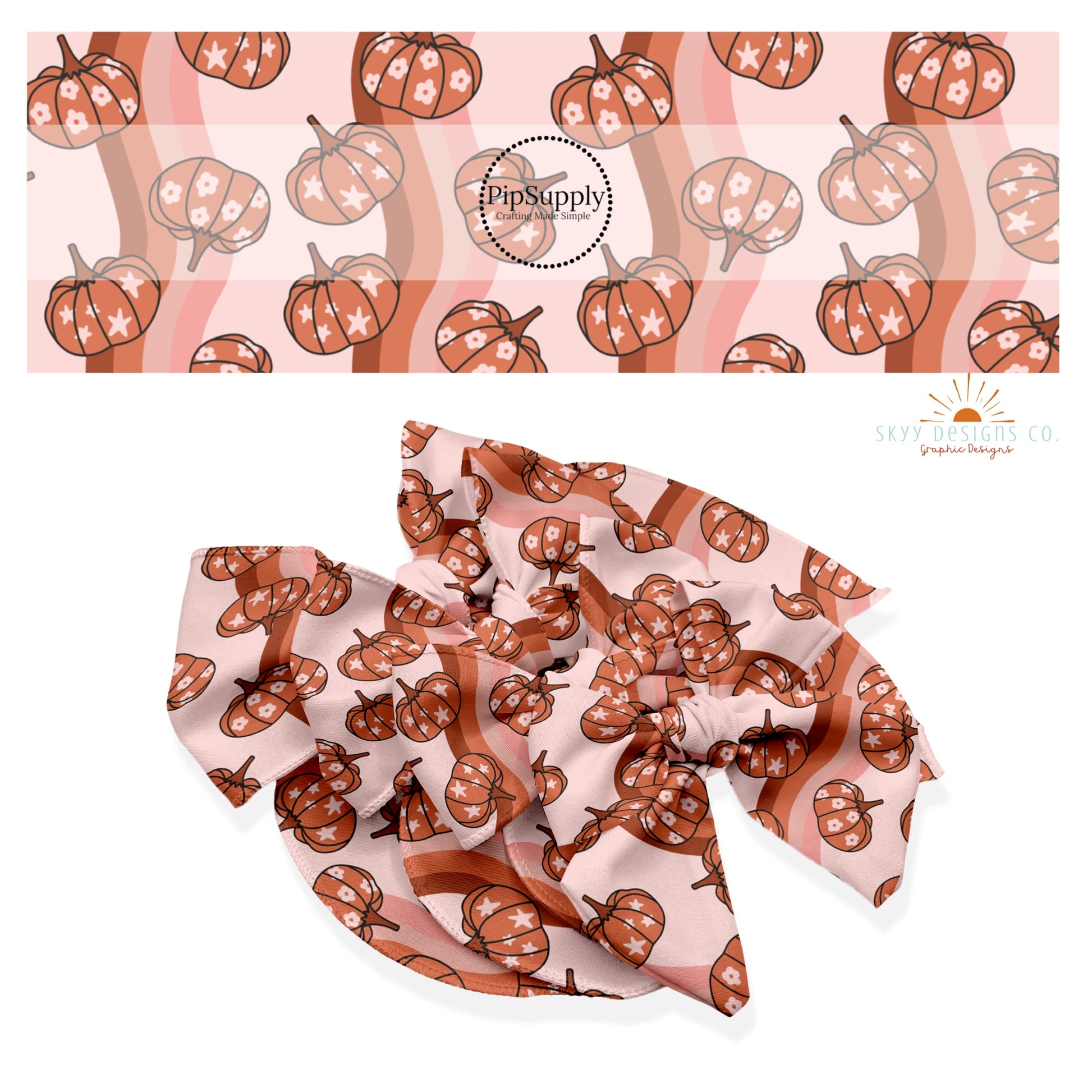 These autumn themed no sew bow strips can be easily tied and attached to a clip for a finished hair bow. These fun patterned bow strips are great for personal use or to sell. These bow strips feature the following design elements: burnt orange pumpkins on wavy pattern.