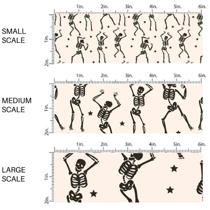 This scale chart of small scale, medium scale, and large scale of these Halloween themed pattern fabric by the yard features the following design elements: dancing skeletons. This fun spooky themed fabric can be used for all your sewing and crafting needs!