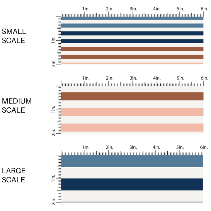 This scale chart of small scale, medium scale, and large scale of these stripe themed blue, orange, and pink fabric by the yard features white, pink, light pink, orange, and blue stripes. This fun summer stripe themed fabric can be used for all your sewing and crafting needs! 