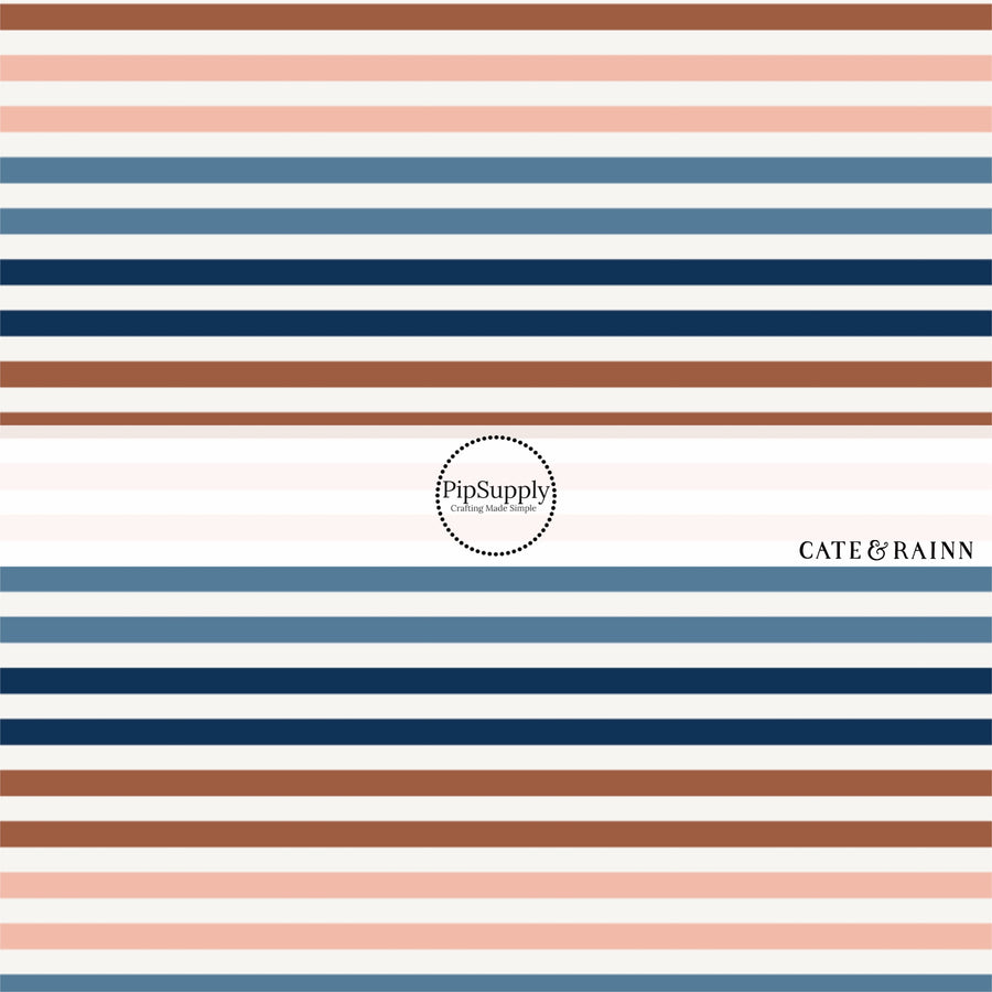 These stripe themed blue, orange, and pink fabric by the yard features white, pink, light pink, orange, and blue stripes. This fun summer stripe themed fabric can be used for all your sewing and crafting needs! 