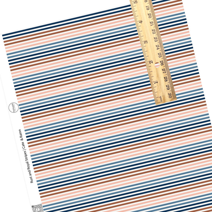 These stripe themed blue, orange, and pink faux leather sheets contain the following design elements: white, light pink, pink, orange, and blue stripes. Our CPSIA compliant faux leather sheets or rolls can be used for all types of crafting projects. 