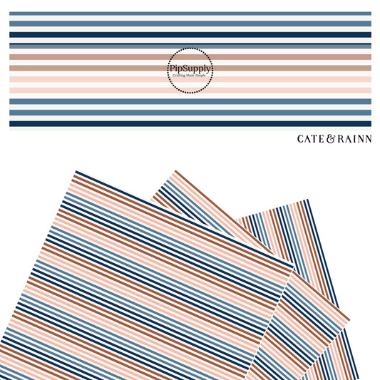 These stripe themed blue, orange, and pink faux leather sheets contain the following design elements: white, light pink, pink, orange, and blue stripes. Our CPSIA compliant faux leather sheets or rolls can be used for all types of crafting projects. 
