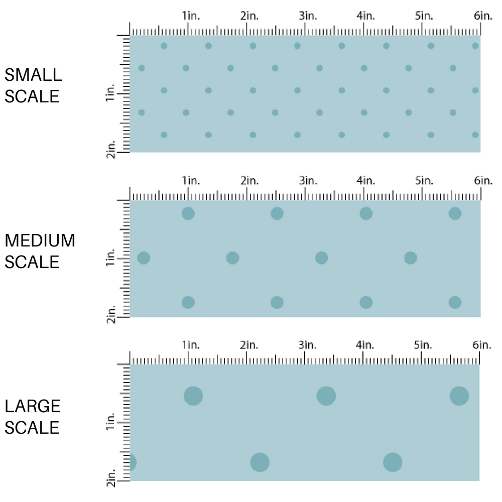 This scale chart of small scale, medium scale, and large scale of these dot themed blue fabric by the yard features blue dots on pastel blue. This fun summer dot themed fabric can be used for all your sewing and crafting needs! 