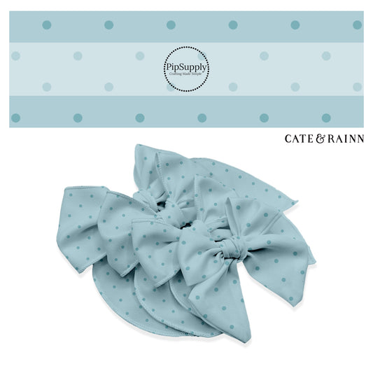 These dot themed light blue no sew bow strips can be easily tied and attached to a clip for a finished hair bow. These fun summer dot themed bow strips features blue dots on pastel blue are great for personal use or to sell.