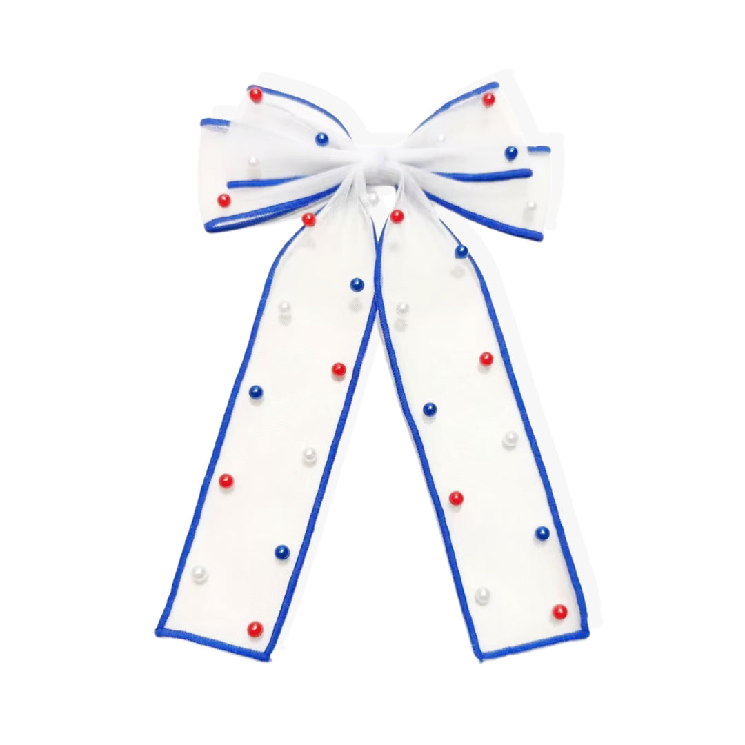 These patriotic tulle pearl long tail pre-cut tied bows are ready to package and resell to your customers no sewing or measuring necessary! These hair bows come with a clip already attached.