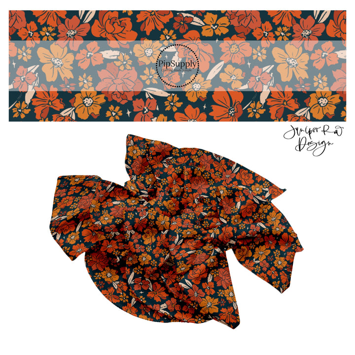 Orange multi flowers on black hair bow strips