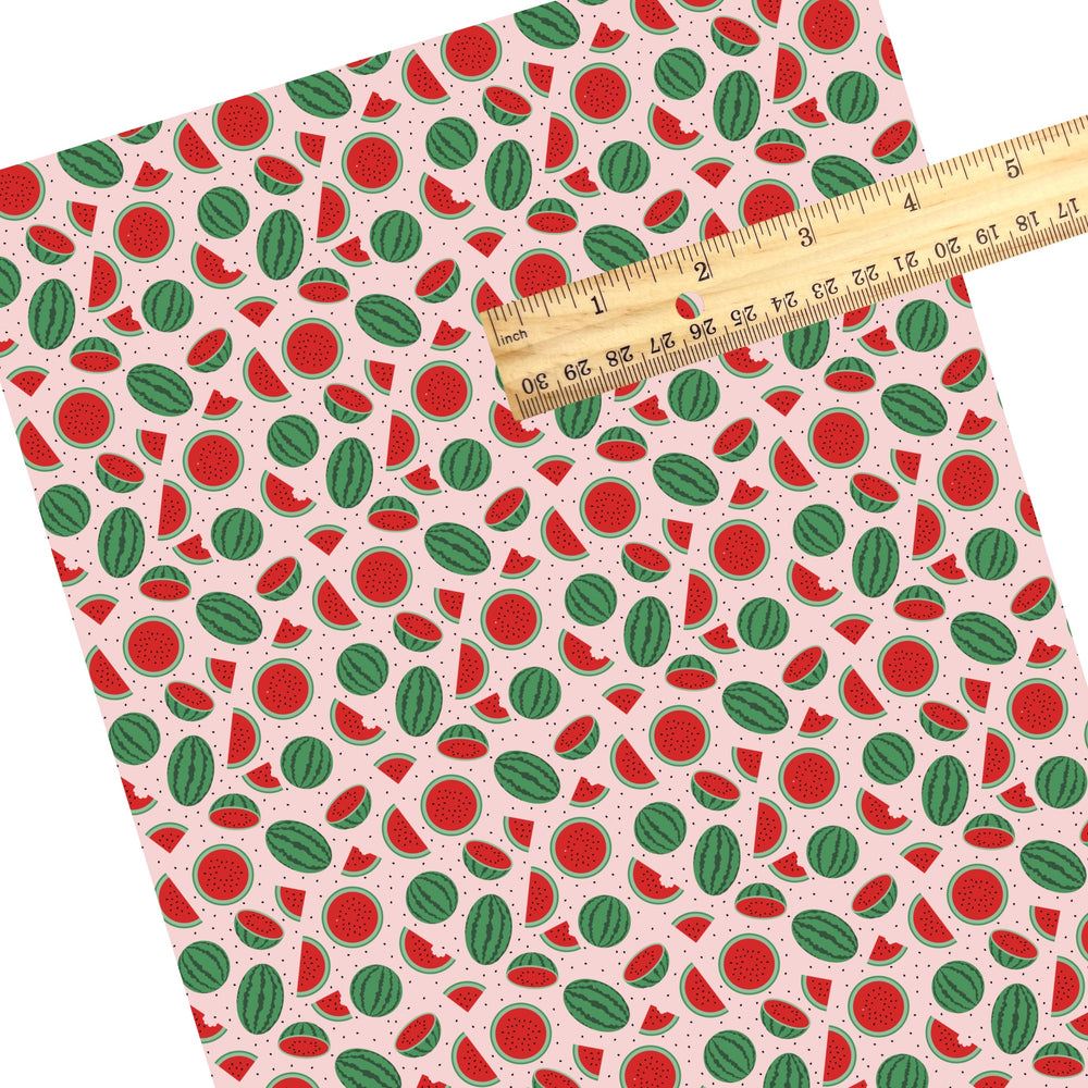 These fruit themed faux leather sheets contain the following design elements: watermelon and watermelon slices. Our CPSIA compliant faux leather sheets or rolls can be used for all types of crafting projects.