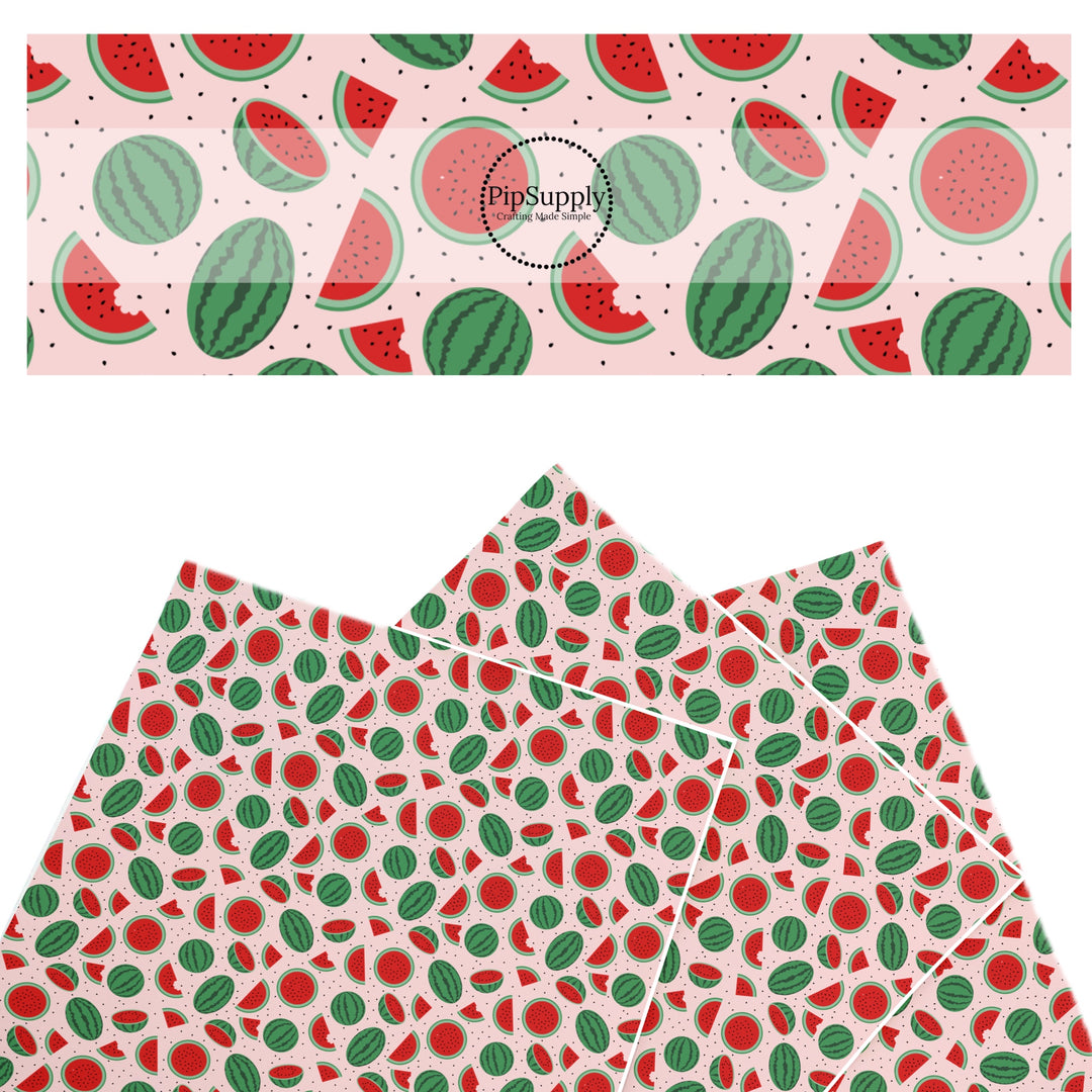 These fruit themed faux leather sheets contain the following design elements: watermelon and watermelon slices. Our CPSIA compliant faux leather sheets or rolls can be used for all types of crafting projects.