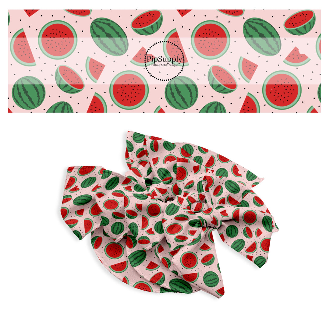 These fruit themed no sew bow strips can be easily tied and attached to a clip for a finished hair bow. These bow strips are great for personal use or to sell. These bow strips feature the following design elements: watermelon and watermelon slices.