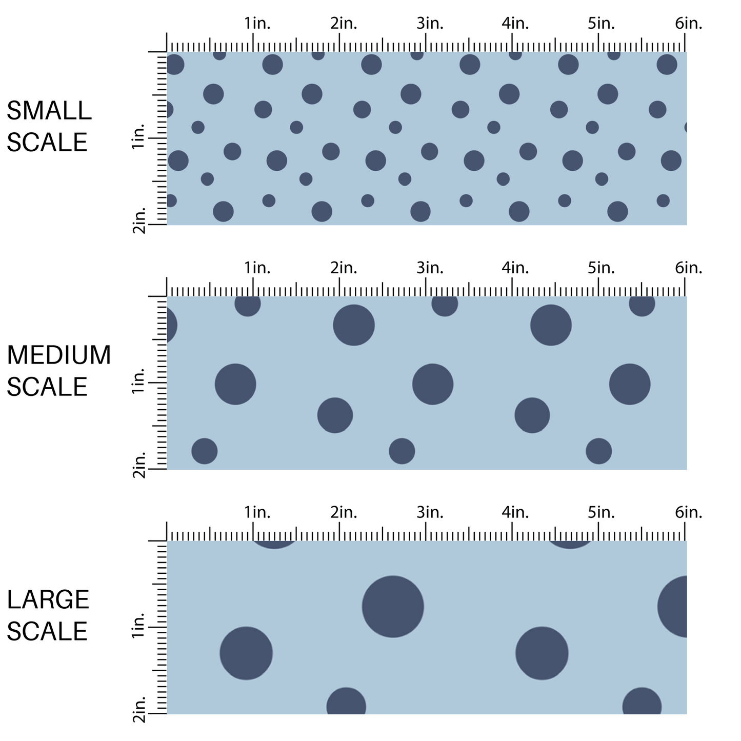 This scale image of small scale, medium scale, and large scale of these dot themed light blue fabric by the yard features small dark navy blue dots on light blue. 