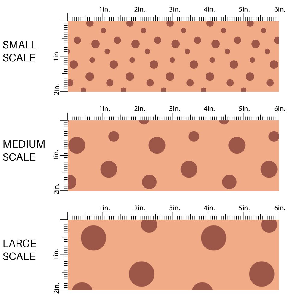 This scale chart of small scale, medium scale, and large scale of these dot themed light orange fabric by the yard features small dark orange and brown dots on light peach. 