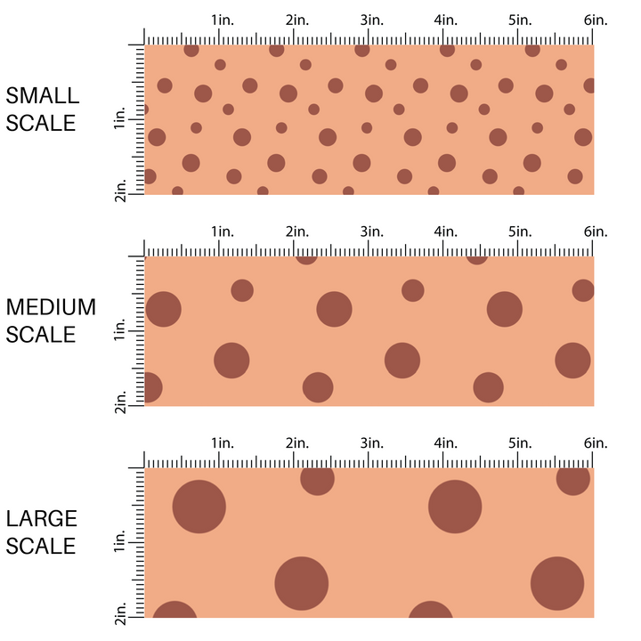 This scale chart of small scale, medium scale, and large scale of these dot themed light orange fabric by the yard features small dark orange and brown dots on light peach. 