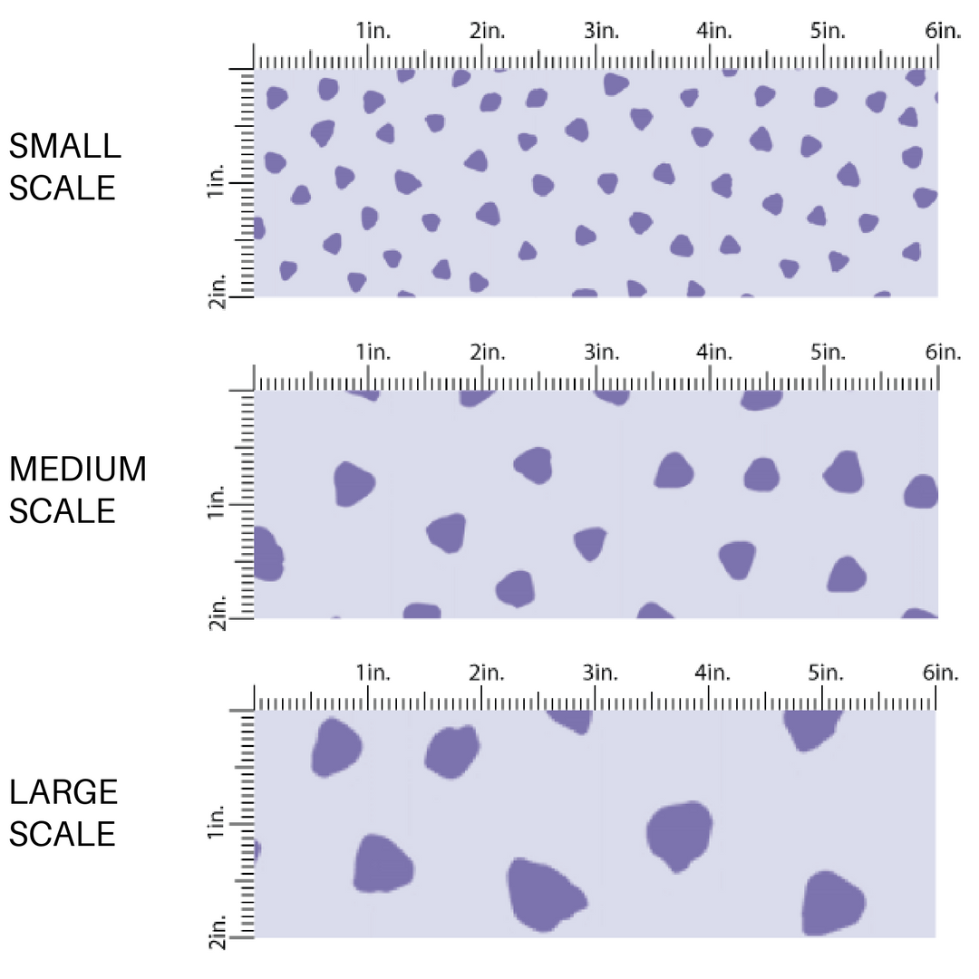 This scale chart of small scale, medium scale, and large scale of these dot themed light purple fabric by the yard features dark purple small dots on pale purple. This fun dot themed fabric can be used for all your sewing and crafting needs! 