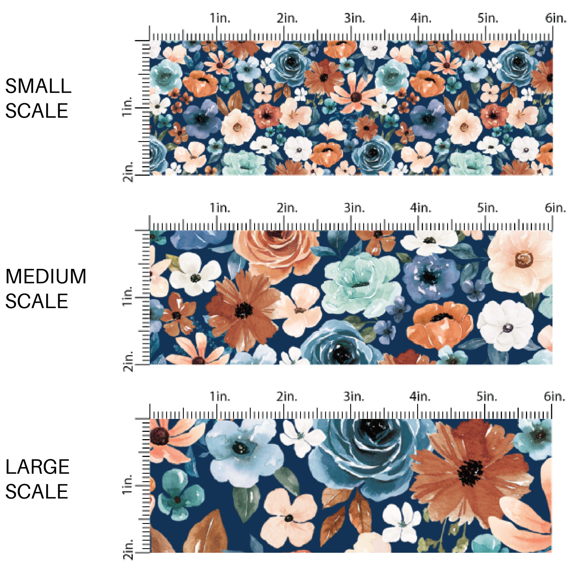 This scale chart of small scale, medium scale, and large scale of these floral themed royal blue fabric by the yard features cream, light pink, orange, teal, and blue watercolor floral flowers on dark blue. This fun floral summer themed fabric can be used for all your sewing and crafting needs! 