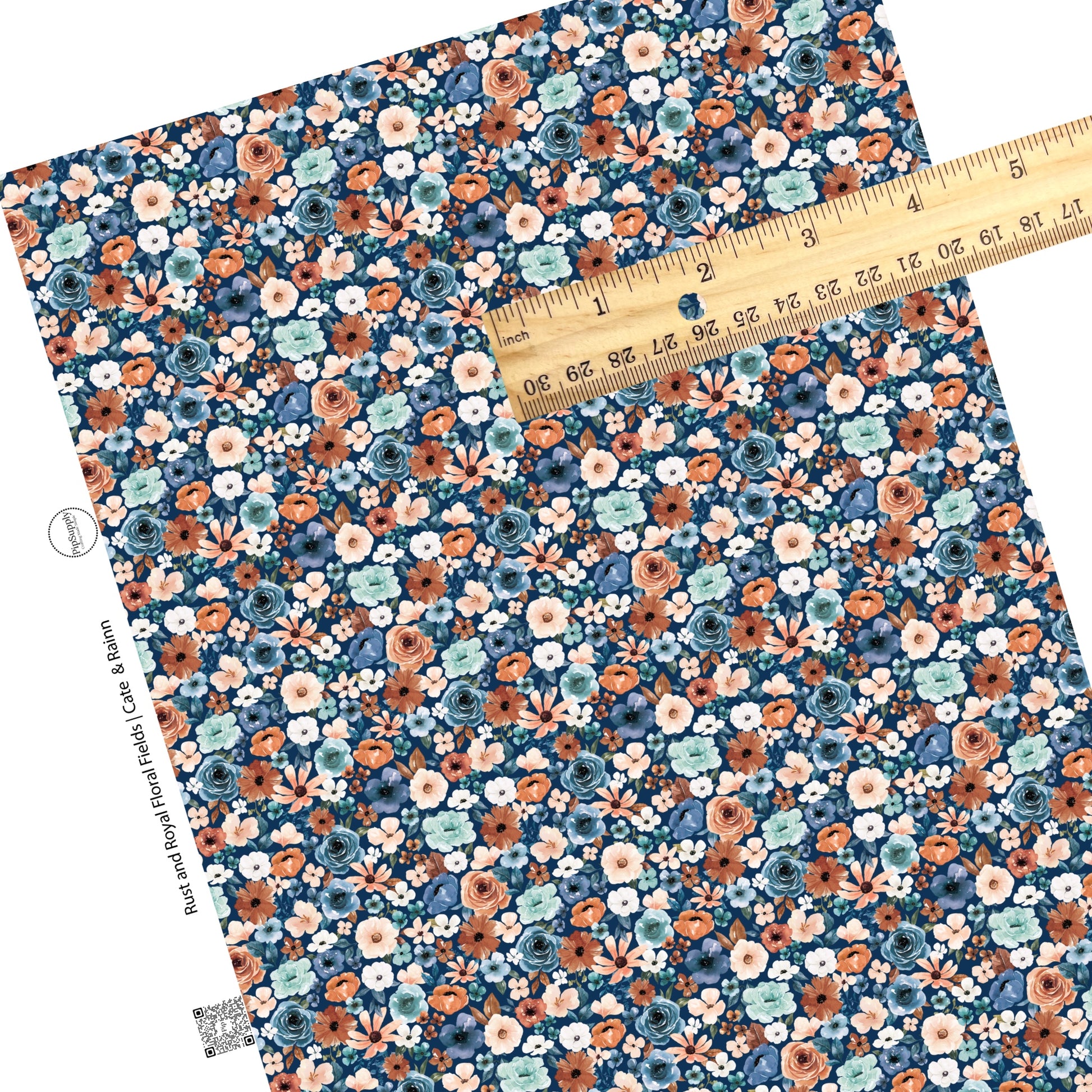 These floral themed royal blue faux leather sheets contain the following design elements: cream, light pink, orange, teal, and blue watercolor floral flowers on dark blue. Our CPSIA compliant faux leather sheets or rolls can be used for all types of crafting projects. 