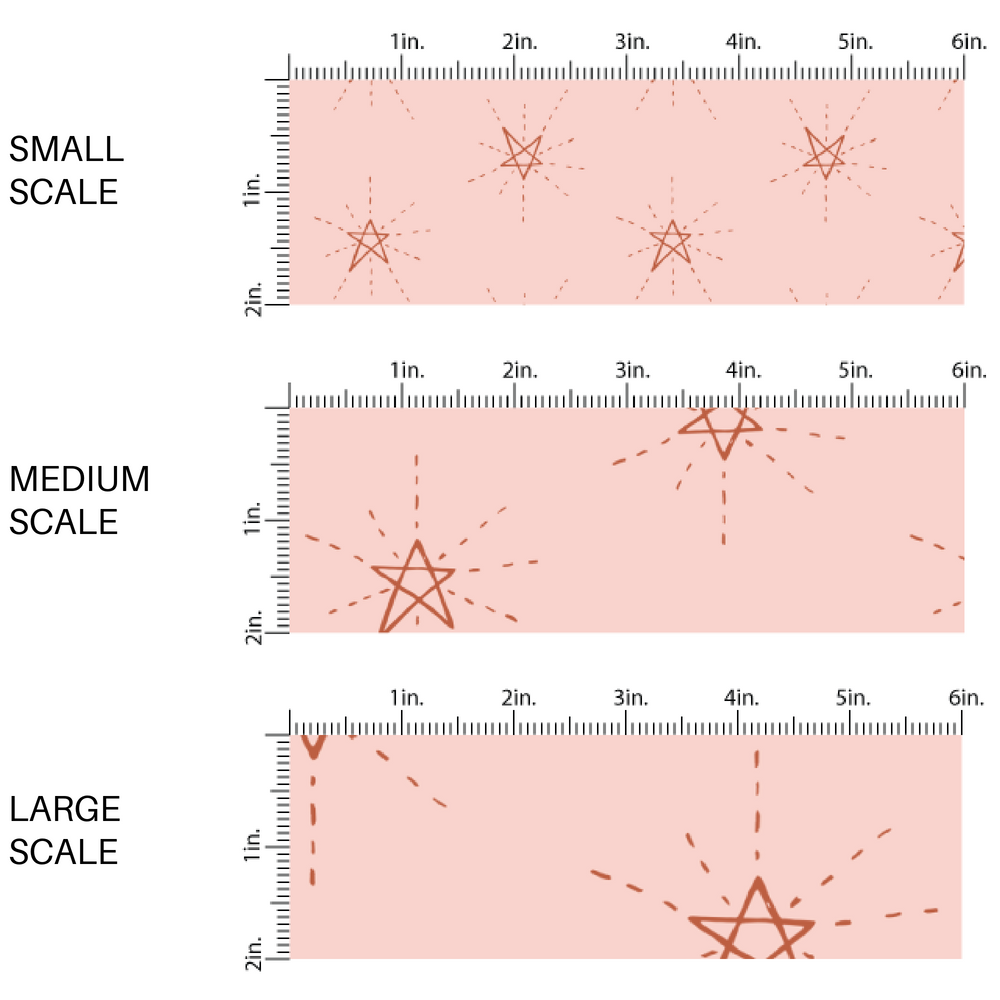 This scale chart of small scale, medium scale, and large scale of these star themed blush fabric by the yard features dark red outlined stars on light pink. This fun star themed fabric can be used for all your sewing and crafting needs! 