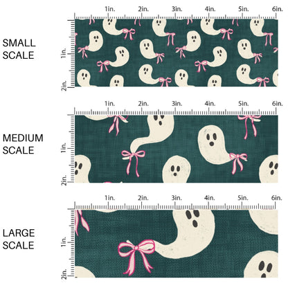 This scale chart of small scale, medium scale, and large scale of these Halloween themed pattern fabric by the yard features the following design elements: ghost with pink bows on dark green. This fun spooky themed fabric can be used for all your sewing and crafting needs!